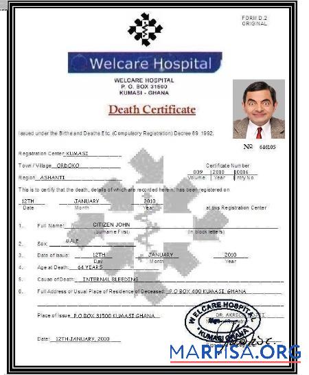 Realistic Ghana Welcare hospital death certificate template